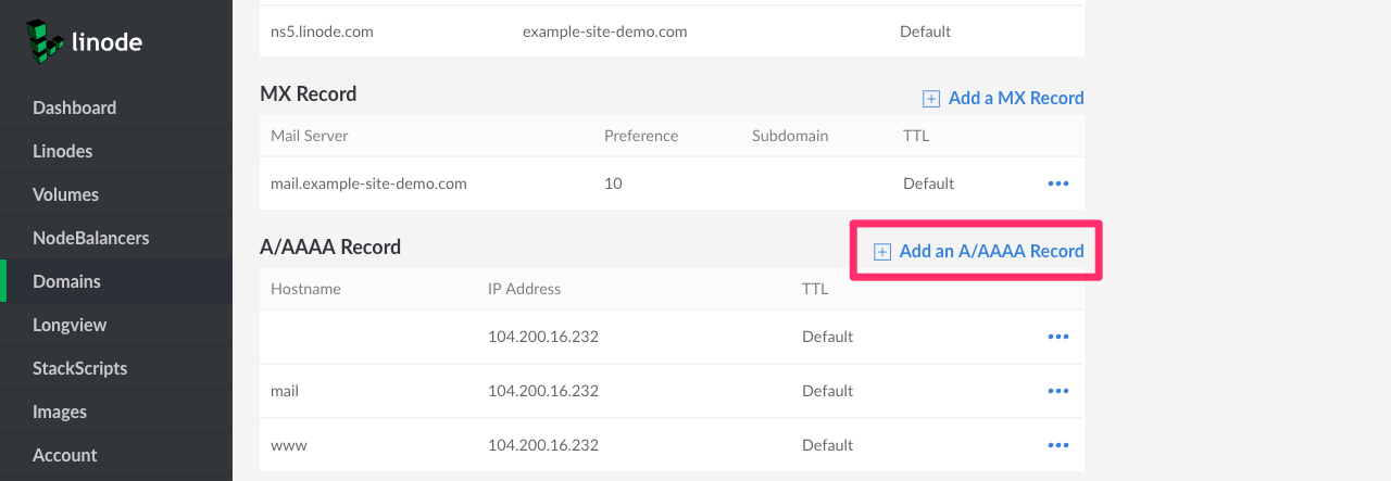 Create a new A record by first click on Add an A/AAAA Record